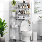 8-stufige Aufbewahrung über der Toilette mit seitlichem Regal, Toilettenregal mit verstellbarem Einlegeboden und Abtropfkorb