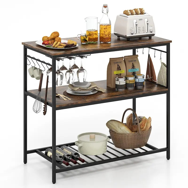 Kitchen Island 3-Tier Prep Table with Wine Glass Holders Large