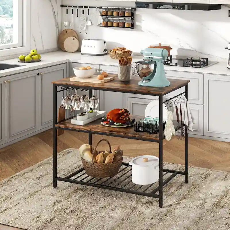 Kitchen Island 3-Tier Prep Table with Wine Glass Holders Large