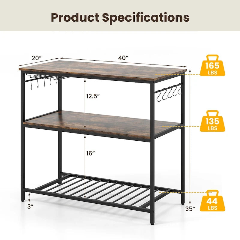 Kitchen Island 3-Tier Prep Table with Wine Glass Holders Large