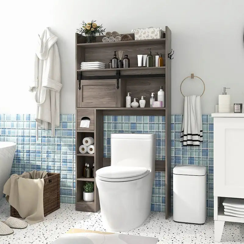 Over The Toilet Storage Cabinet w/ Sliding Barn Door Adjustable