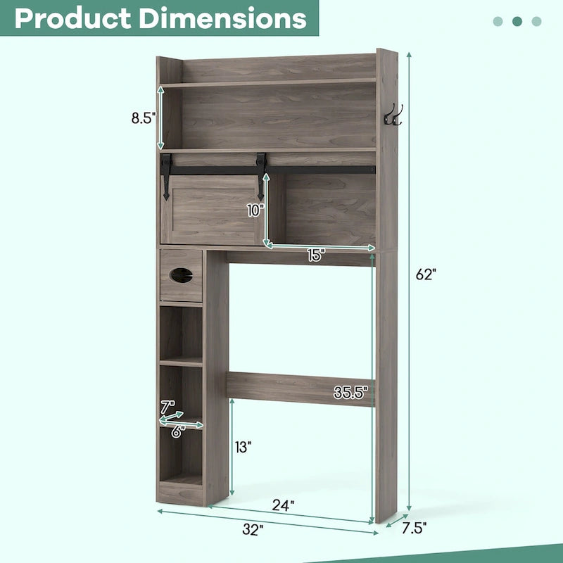 Over The Toilet Storage Cabinet w/ Sliding Barn Door Adjustable
