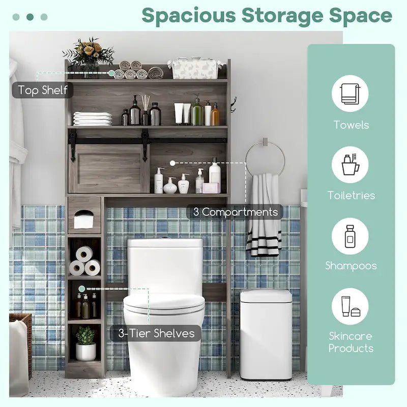 Over The Toilet Storage Cabinet w/ Sliding Barn Door Adjustable