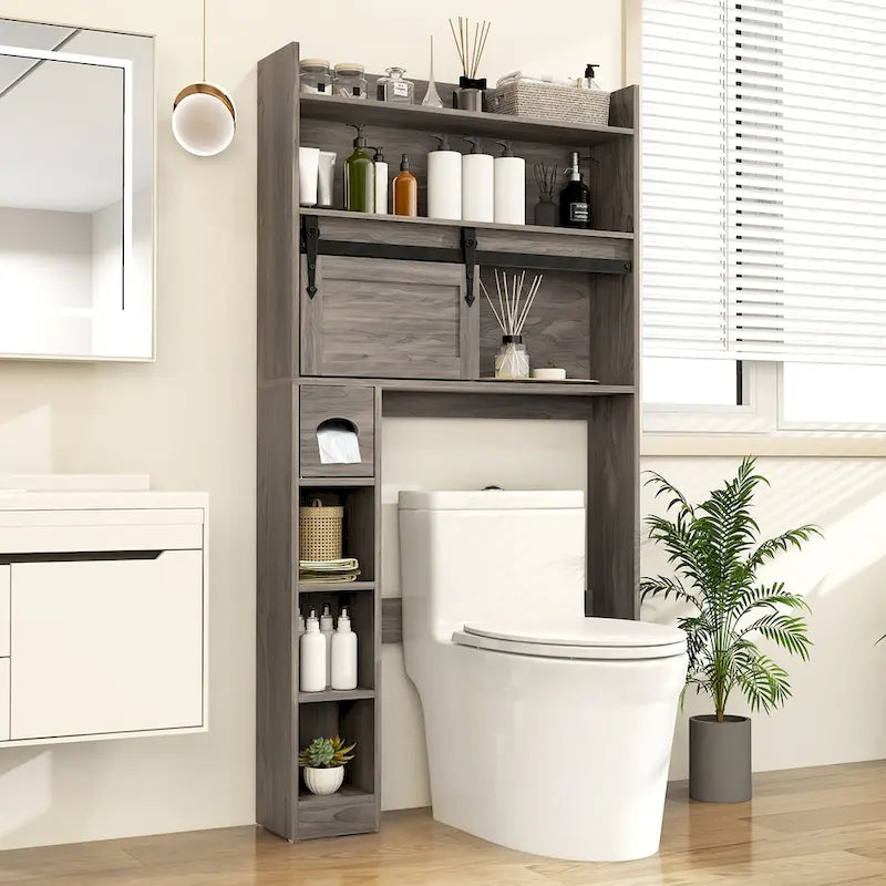 Over The Toilet Storage Cabinet w/ Sliding Barn Door Adjustable