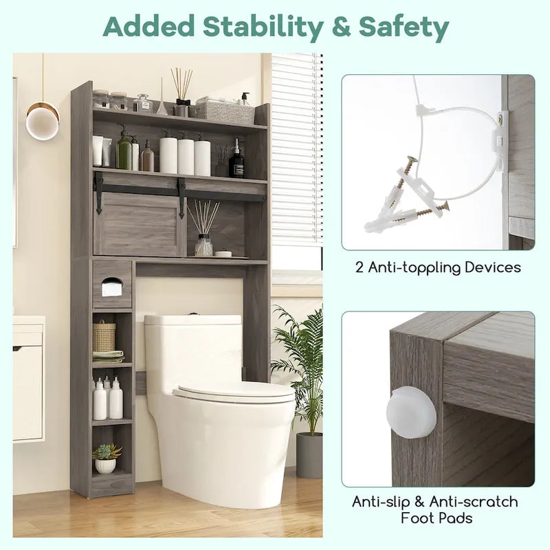 Over The Toilet Storage Cabinet w/ Sliding Barn Door Adjustable
