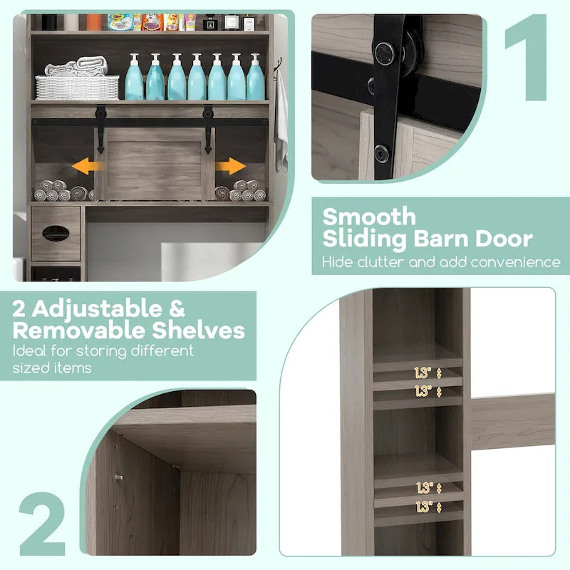 Over The Toilet Storage Cabinet w/ Sliding Barn Door Adjustable