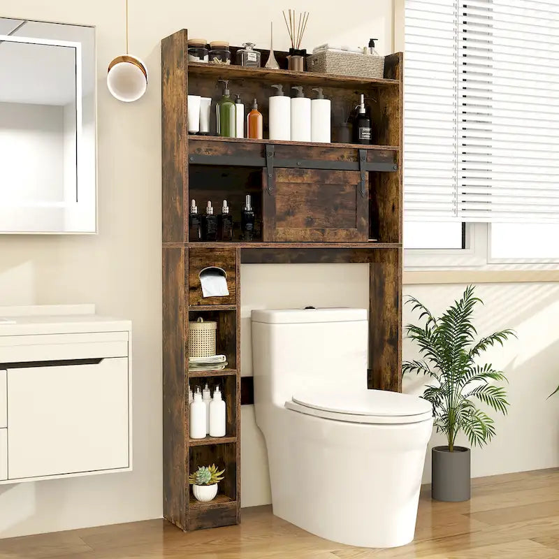 Over The Toilet Storage Cabinet w/ Sliding Barn Door Adjustable