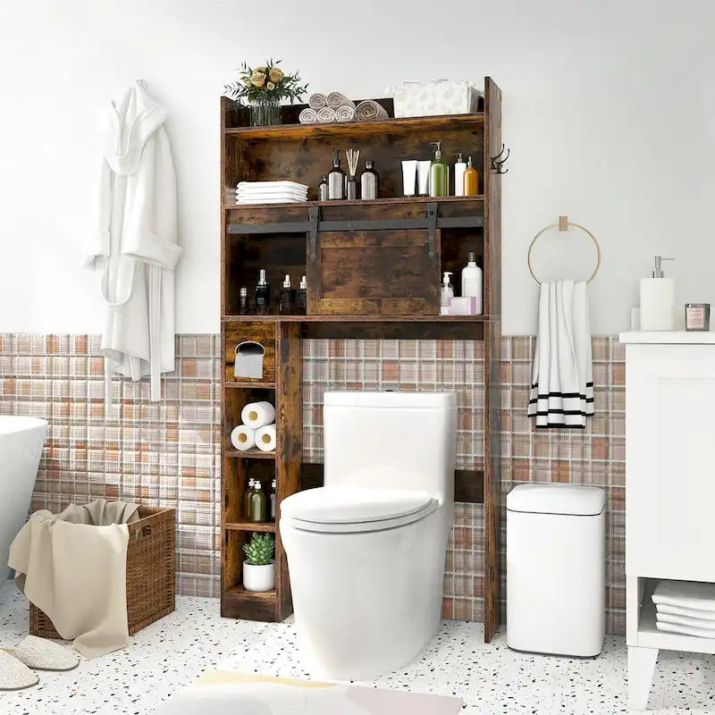 Over The Toilet Storage Cabinet w/ Sliding Barn Door Adjustable