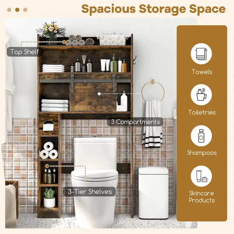 Over The Toilet Storage Cabinet w/ Sliding Barn Door Adjustable