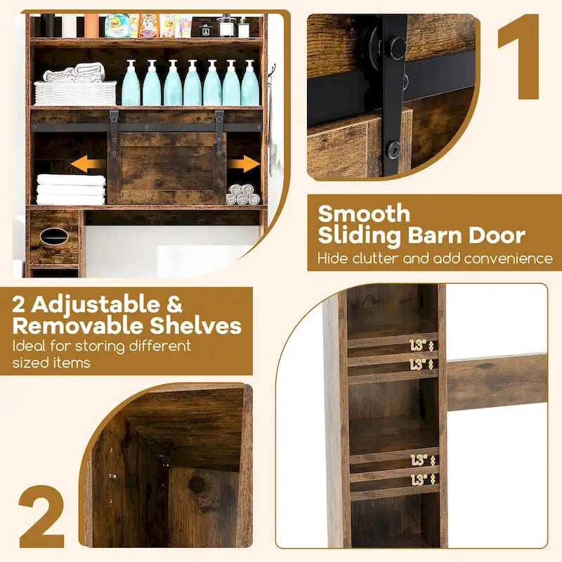 Over The Toilet Storage Cabinet w/ Sliding Barn Door Adjustable