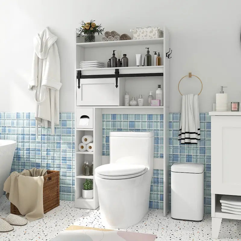 Over The Toilet Storage Cabinet w/ Sliding Barn Door Adjustable