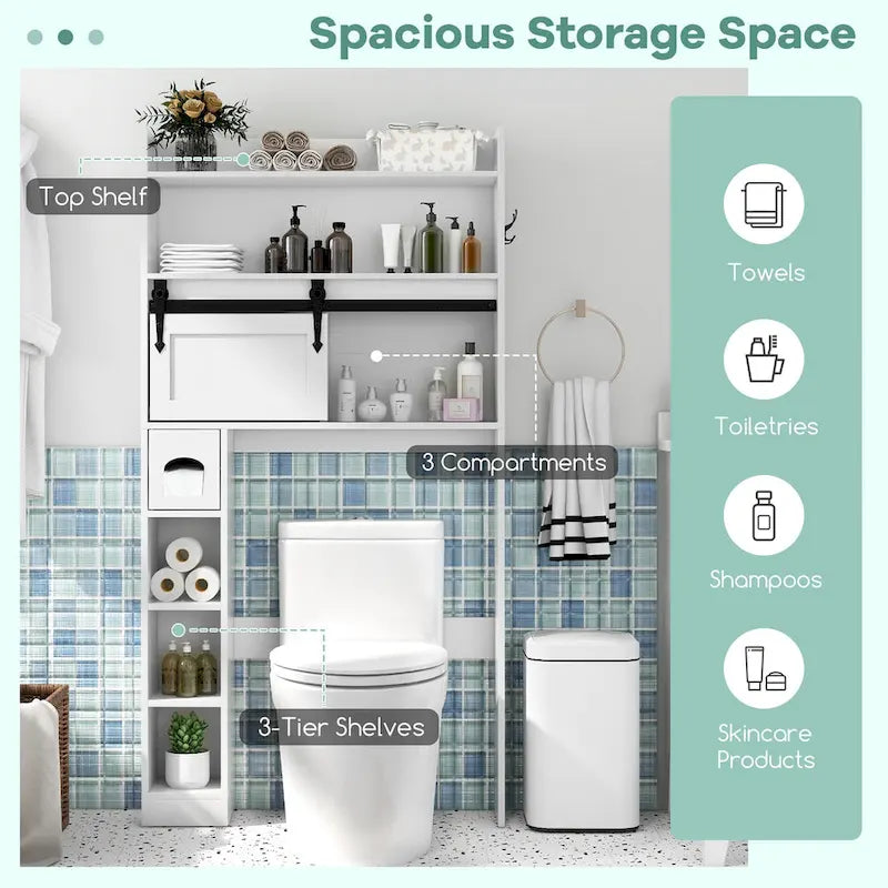Over The Toilet Storage Cabinet w/ Sliding Barn Door Adjustable