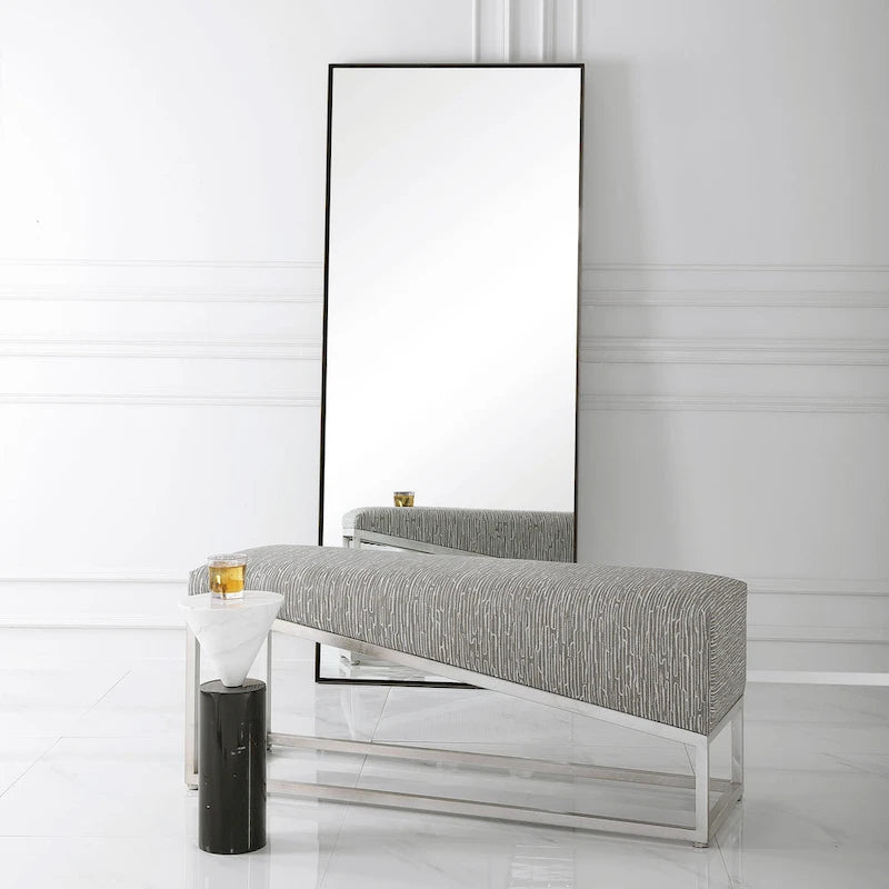 Geometric Fabric Bench with Forged Iron Base
