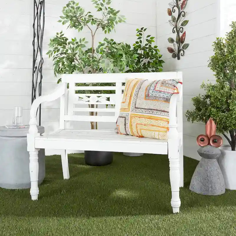 White Farmhouse Wood Bench with Slatted Back