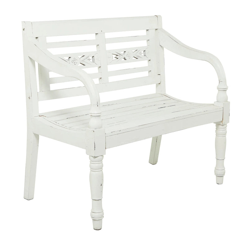 White Farmhouse Wood Bench with Slatted Back