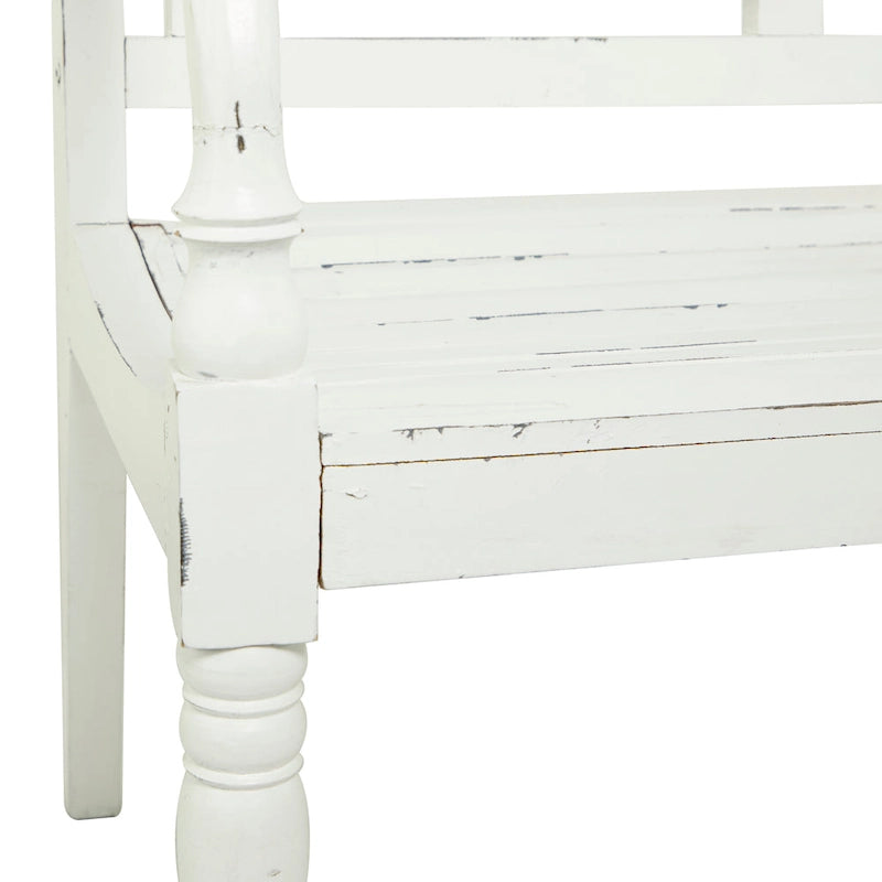 White Farmhouse Wood Bench with Slatted Back