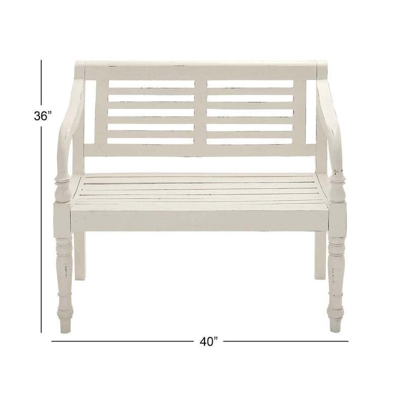 White Farmhouse Wood Bench with Slatted Back