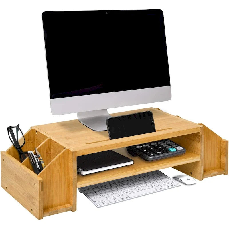Wood Computer Monitor Stand Desktop Organizer with Drawer
