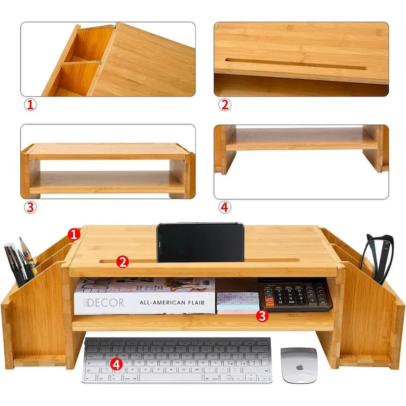 Wood Computer Monitor Stand Desktop Organizer with Drawer