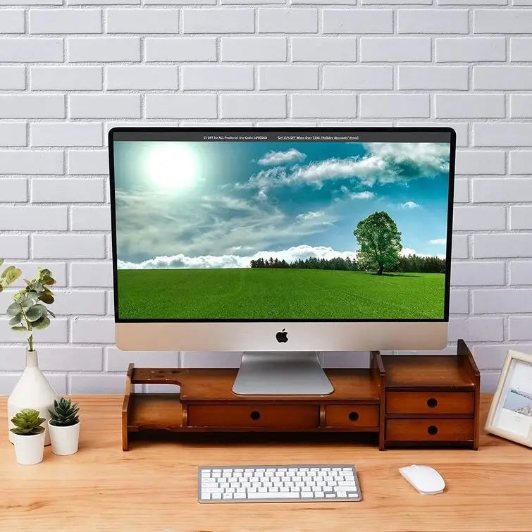 Wood Computer Monitor Stand Desktop Organizer with Drawer