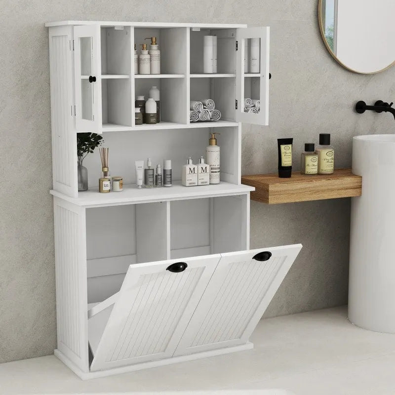 Two-Compartment Tilt-Out Dirty Laundry Basket Tall Bathroom Cabinet