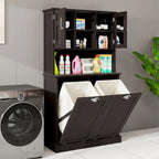 Mobiletto alto da bagno per cesto portabiancheria sporca ribaltabile a due scomparti