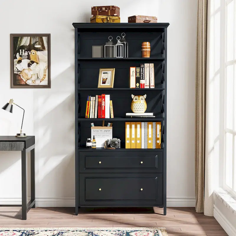 2 Drawer Black File Cabinet with Storage Shelves