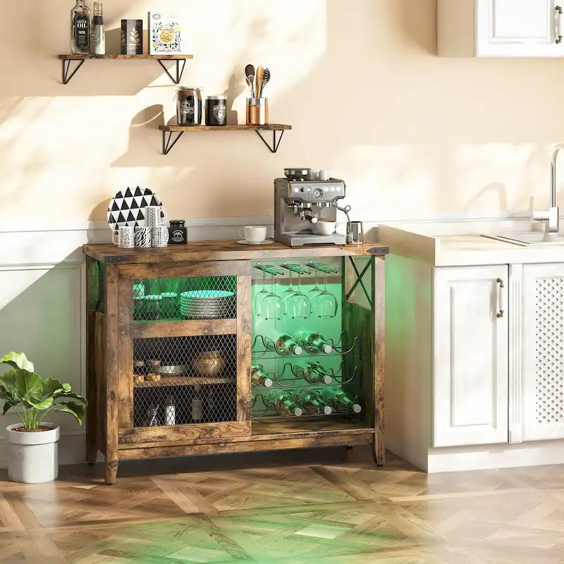 Wine Bar Cabinet with Storage Sliding Door & LED Lights - 42 inch