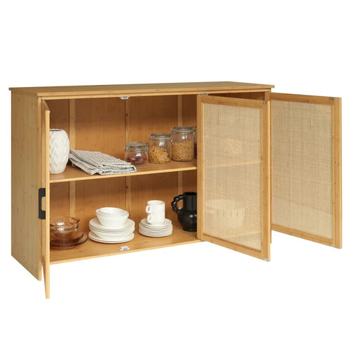 3-Door Natural Rattan Bamboo Sideboard Buffet Kitchen Storage Cabinet