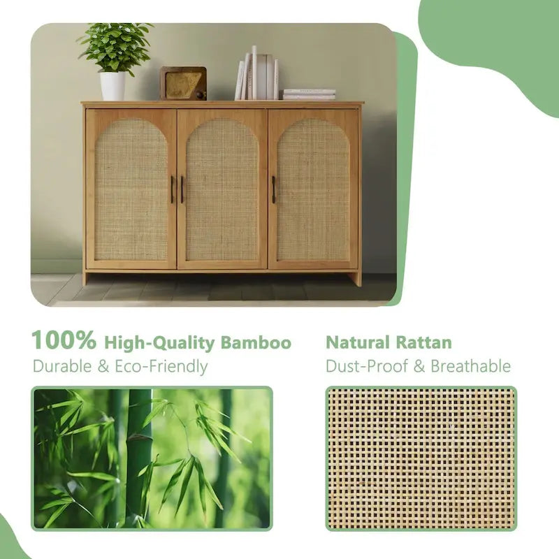 3-Door Natural Rattan Bamboo Sideboard Buffet Kitchen Storage Cabinet