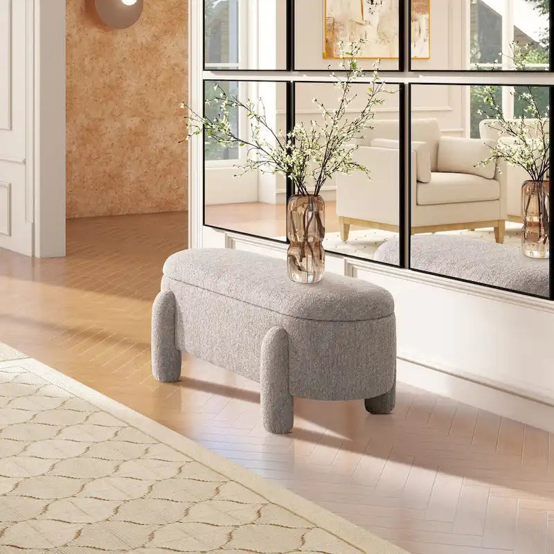 49 Boucle Fully Upholstered Oval Storage Bench