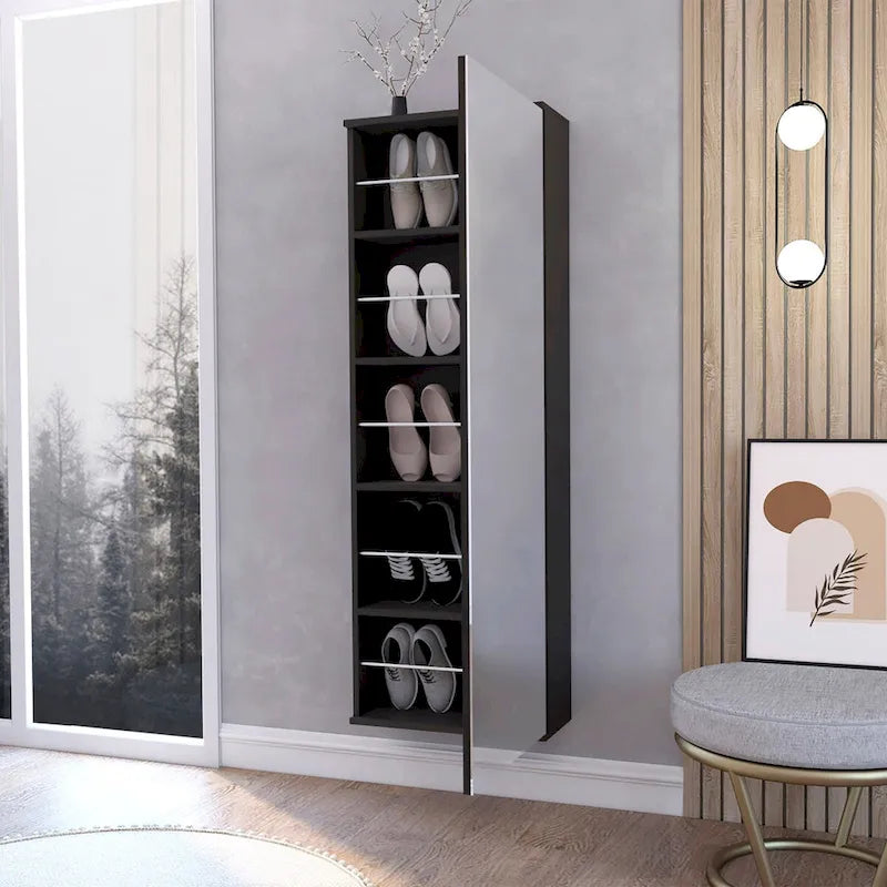 Wall Mounted Shoe Rack With Mirror, Single Door, Black Wengue Finish