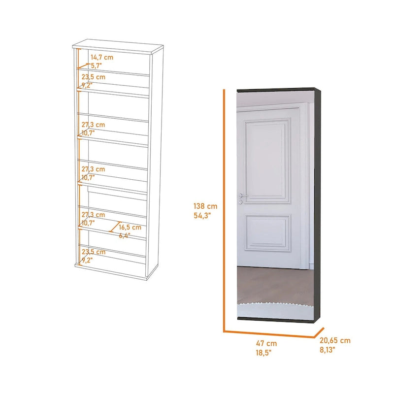 Wall Mounted Shoe Rack With Mirror, Single Door, Black Wengue Finish