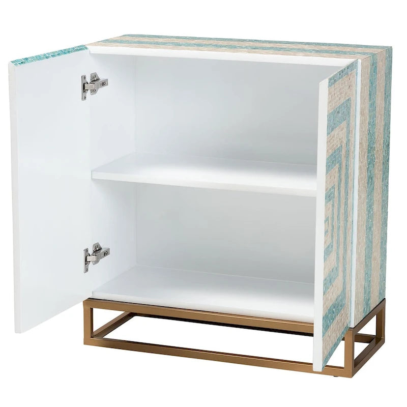 Modern Bohemian Two-Tone Beige and Blue Mother of Pearl and Gold Metal Storage Cabinet