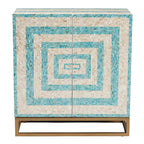Meuble de rangement moderne d'inspiration bohème, beige et bleu bicolore, avec nacre et métal doré