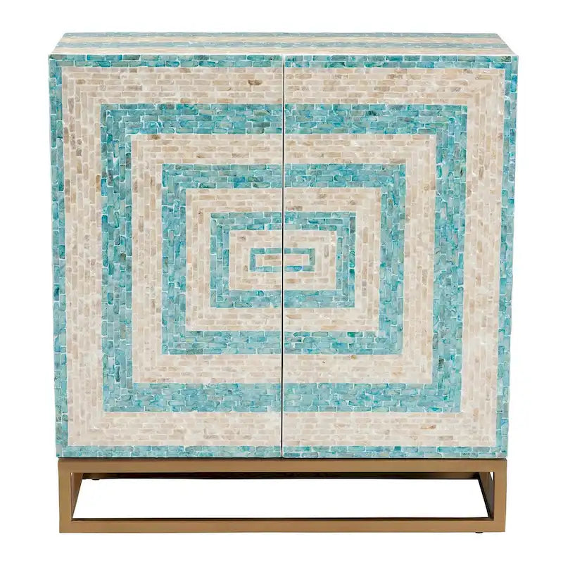Modern Bohemian Two-Tone Beige and Blue Mother of Pearl and Gold Metal Storage Cabinet