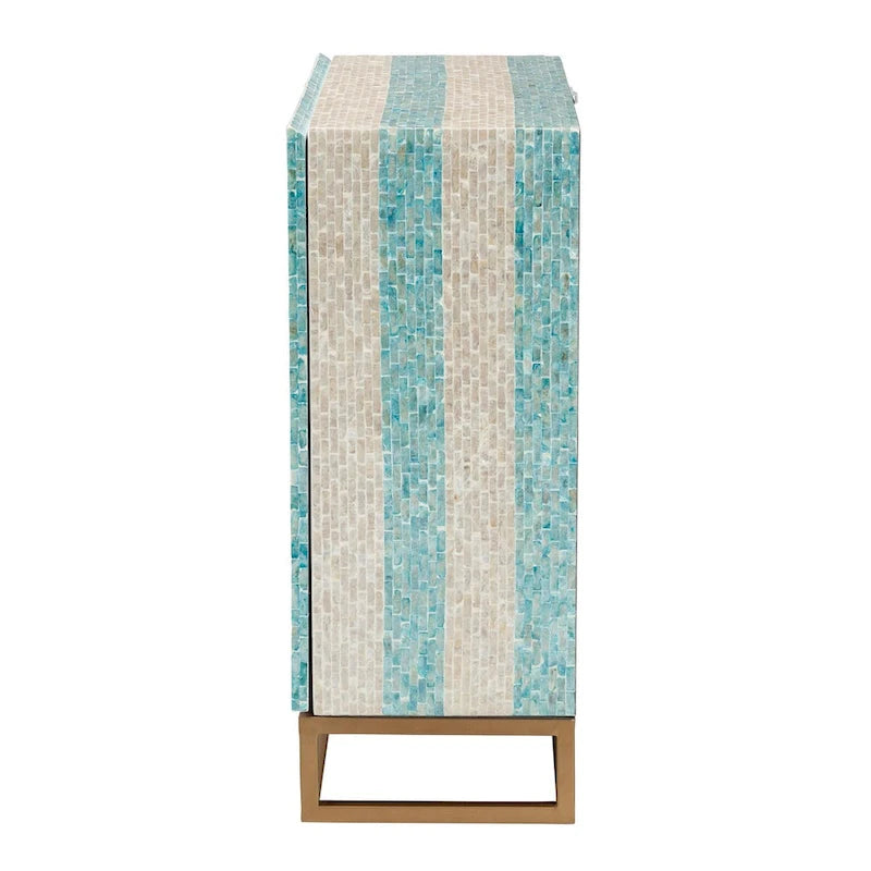 Modern Bohemian Two-Tone Beige and Blue Mother of Pearl and Gold Metal Storage Cabinet