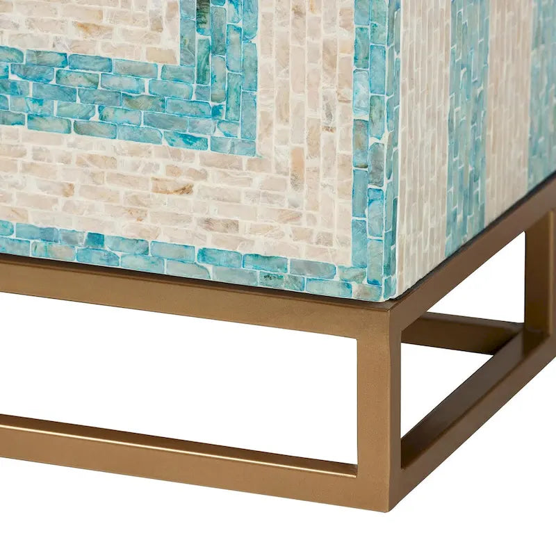 Modern Bohemian Two-Tone Beige and Blue Mother of Pearl and Gold Metal Storage Cabinet