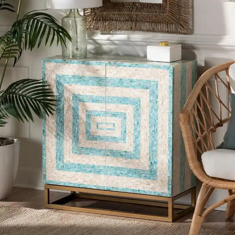 Modern Bohemian Two-Tone Beige and Blue Mother of Pearl and Gold Metal Storage Cabinet