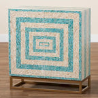 Meuble de rangement moderne d'inspiration bohème, beige et bleu bicolore, avec nacre et métal doré