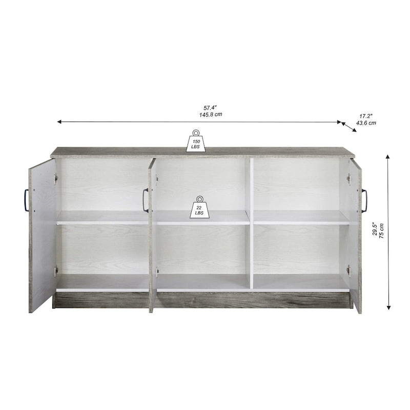 3-Door Credenza Storage Cabinet with Interior Shelves