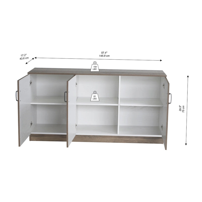3-Door Credenza Storage Cabinet with Interior Shelves