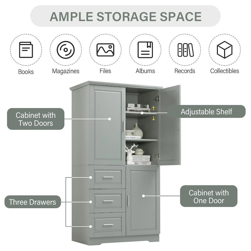 Tall and Wide Storage Cabinet with Doors for Bathroom/Office, Three Drawers, Grey