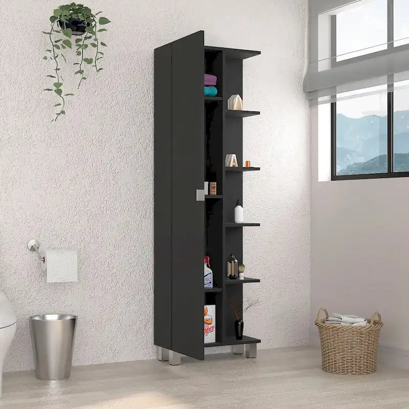 Mirror Linen Cabinet, Four Interior Shelves, Five External Shelves -Black
