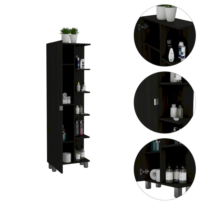 Mirror Linen Cabinet, Four Interior Shelves, Five External Shelves -Black